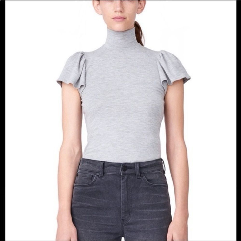 Rebecca Taylor Jersey Mock Neck Gray Flutter Sleeve Top Size Medium